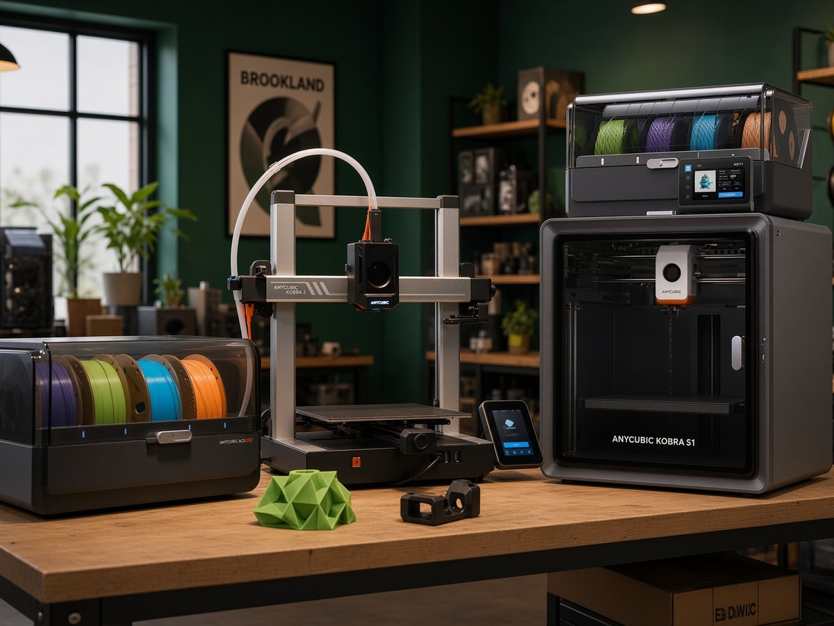 Anycubic Kobra 3 and Anycubic Kobra S1 3D printers on the shop bench