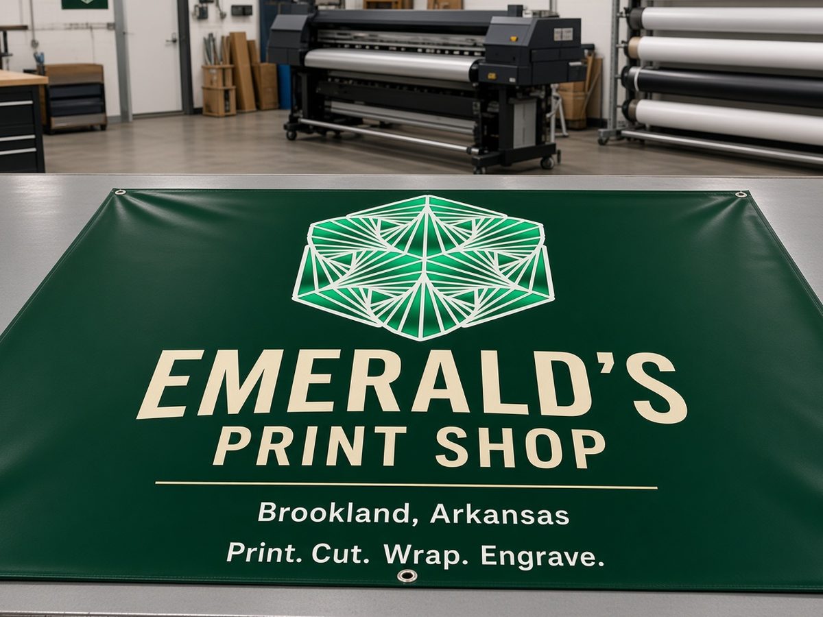 Emerald's Print Shop vinyl banner with the gem logo on the finishing table