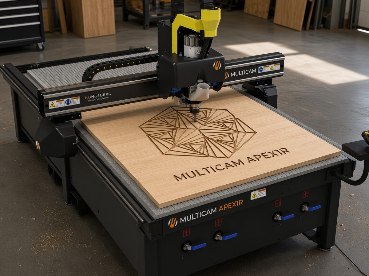 MultiCam Apex 1R CNC router cutting a wooden sign with the Emerald's gem logo