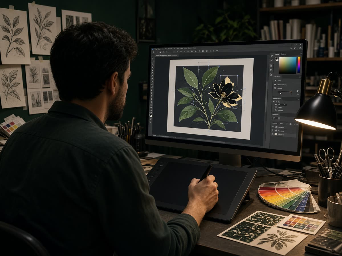 Designer vectorizing artwork at a print-shop workstation