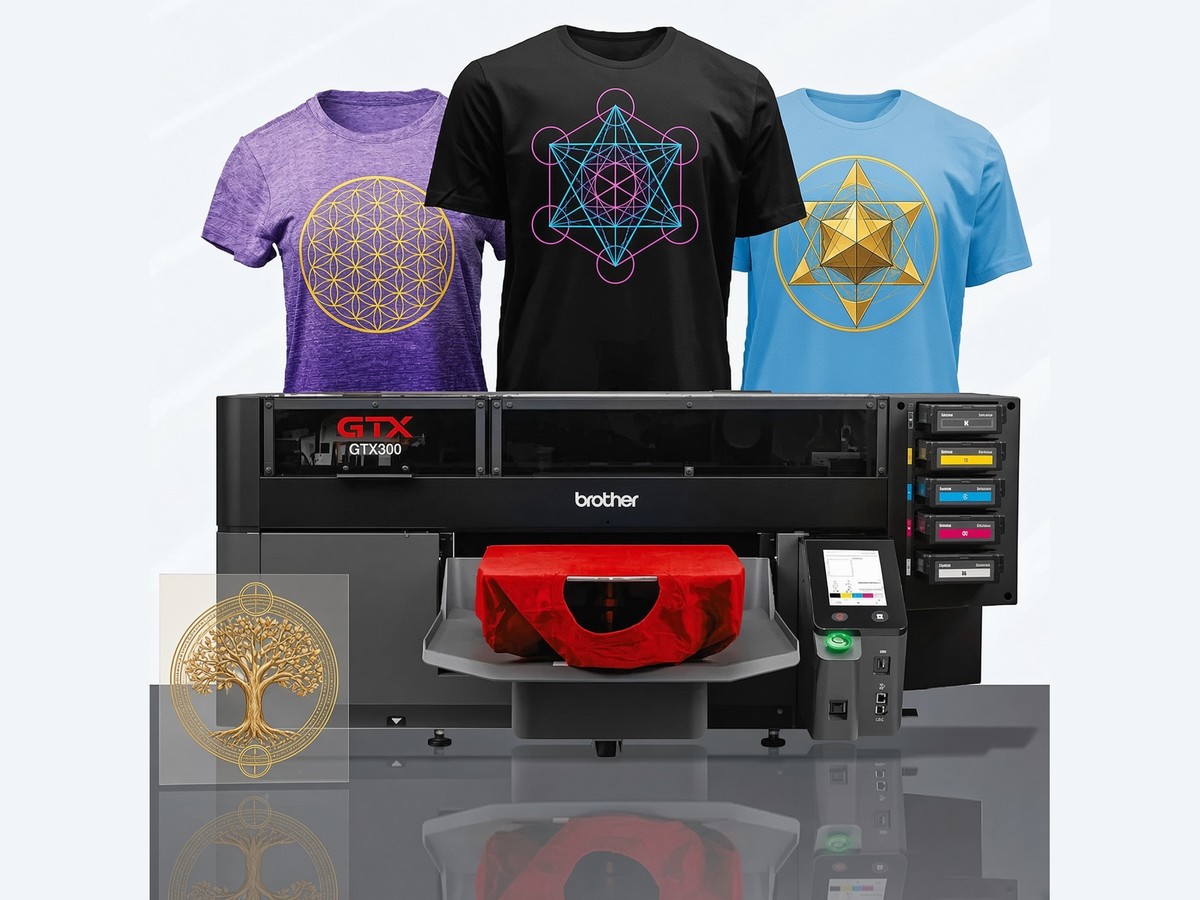 Brother GTX300 with DTG shirts printed in sacred geometry designs