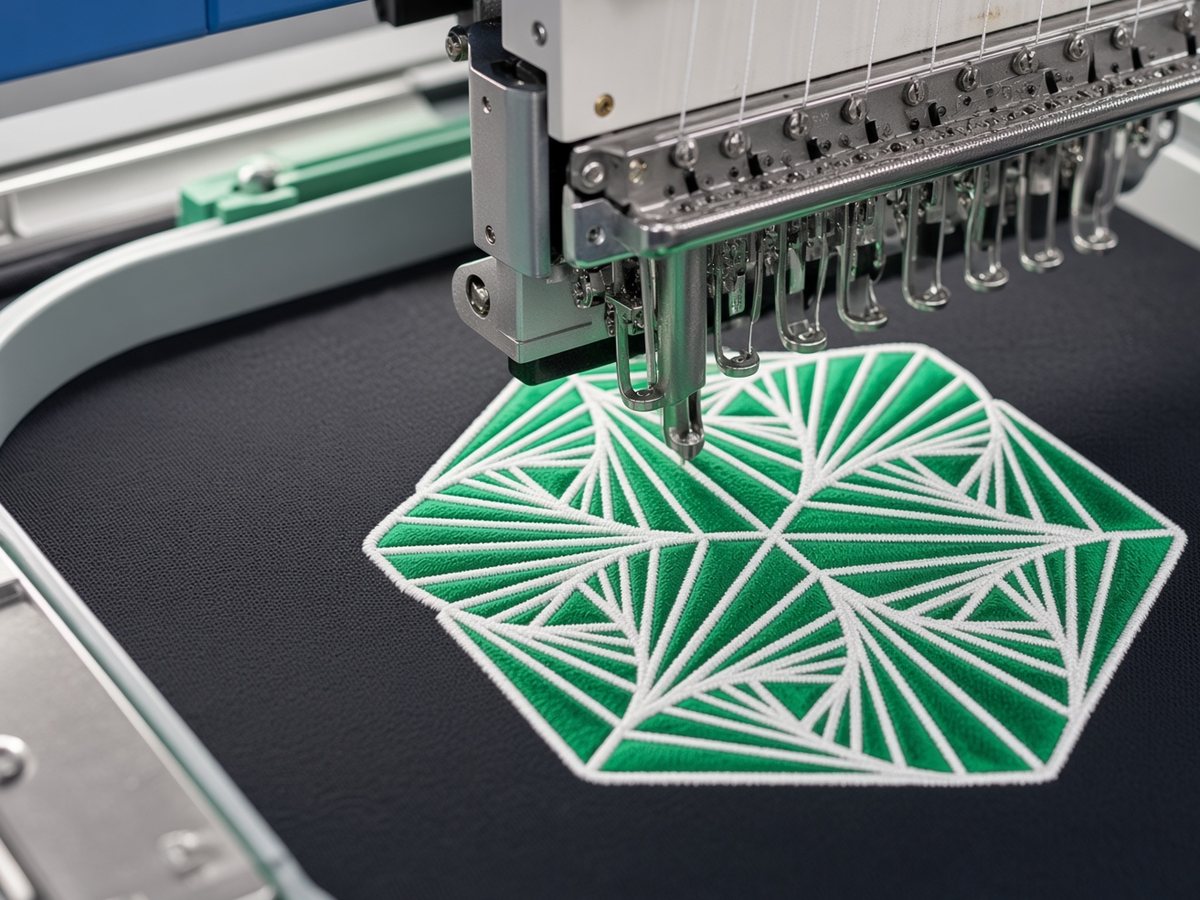 Close-up of a ZSK Racer 4S head stitching the Emerald's gem logo onto a flat garment