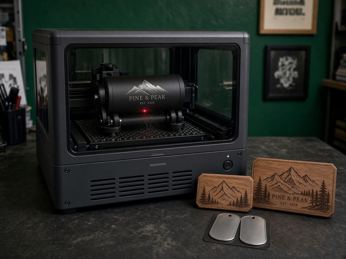 Laser removing powder coat from a black tumbler to reveal a stainless logo